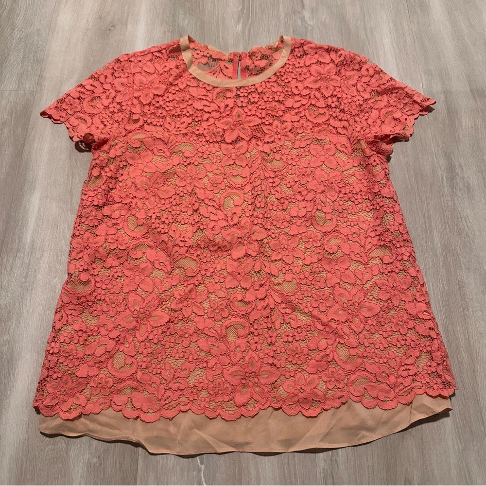 Nicole Miller Artelier Pink Peach Lace Lined Short Sleeve Top Sz P
